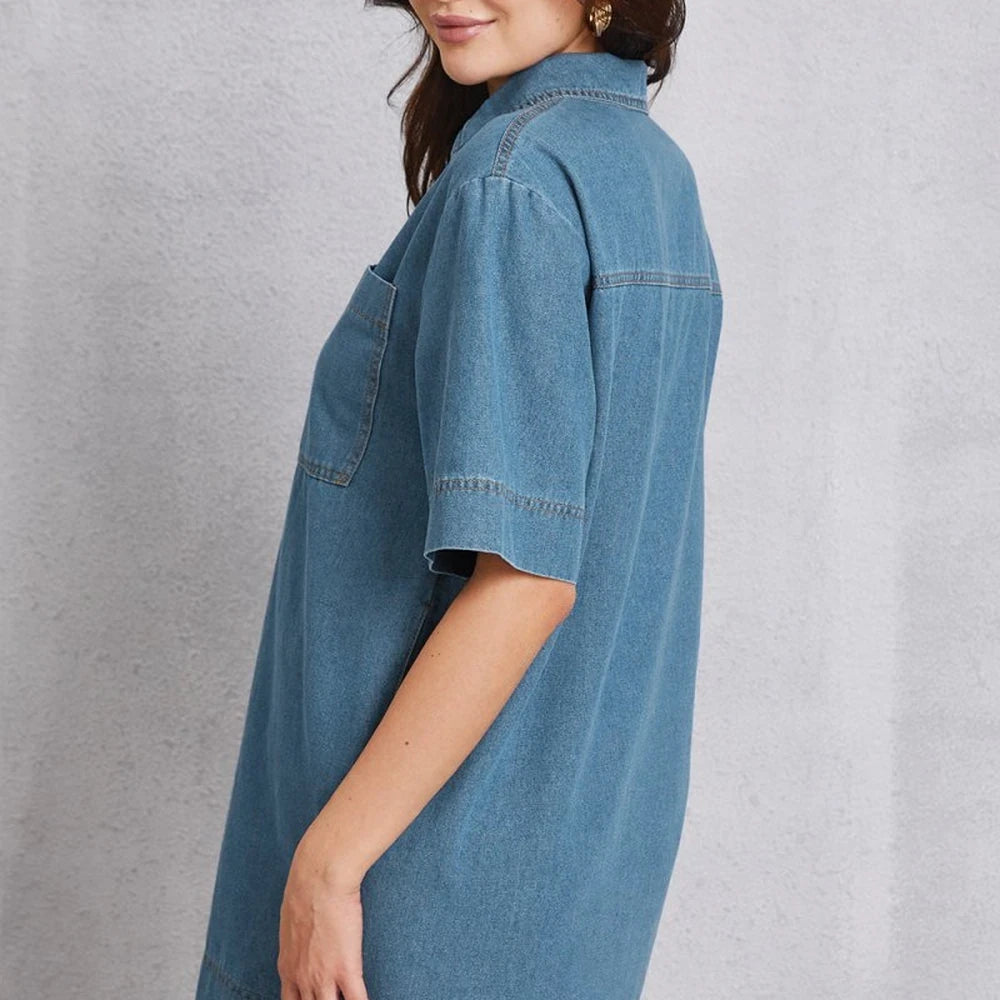Denim Pocketed Mini Dress with Collar