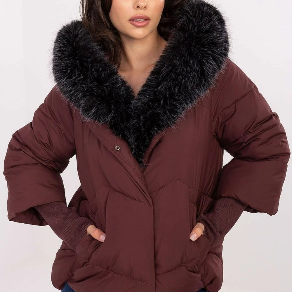 Red Quilted Down Jacket with Detachable Hood