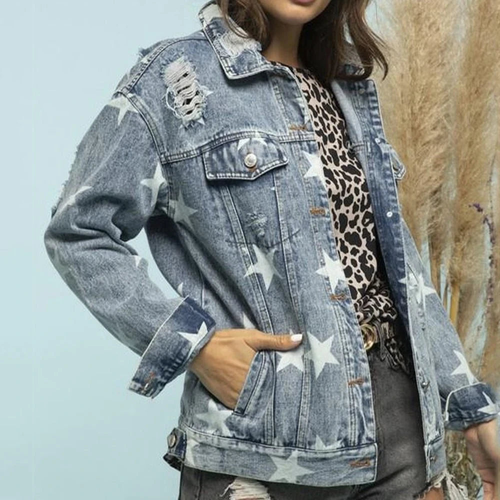 Distressed Denim Shacket with Star Detail