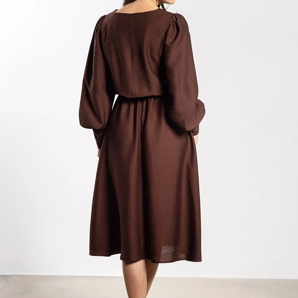 Midi Dress with Elastic Waist and Long Sleeves