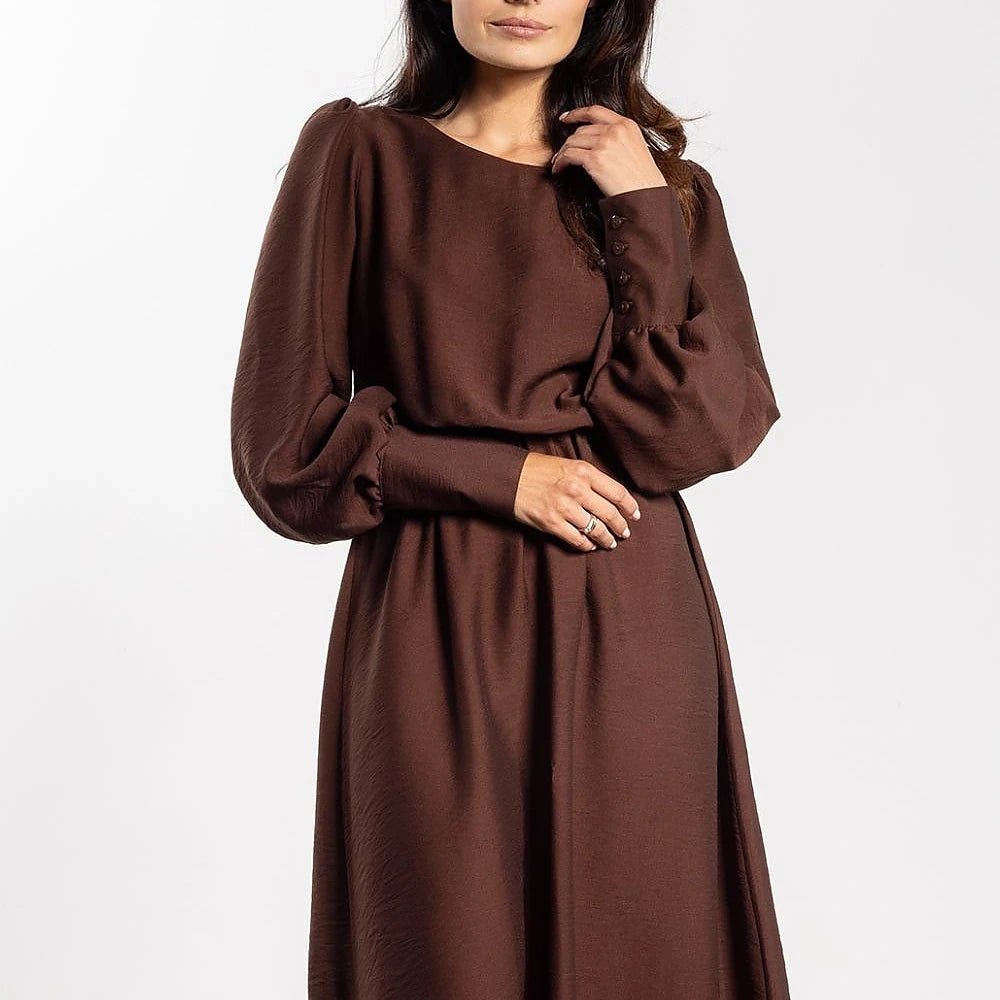 Midi Dress with Elastic Waist and Long Sleeves