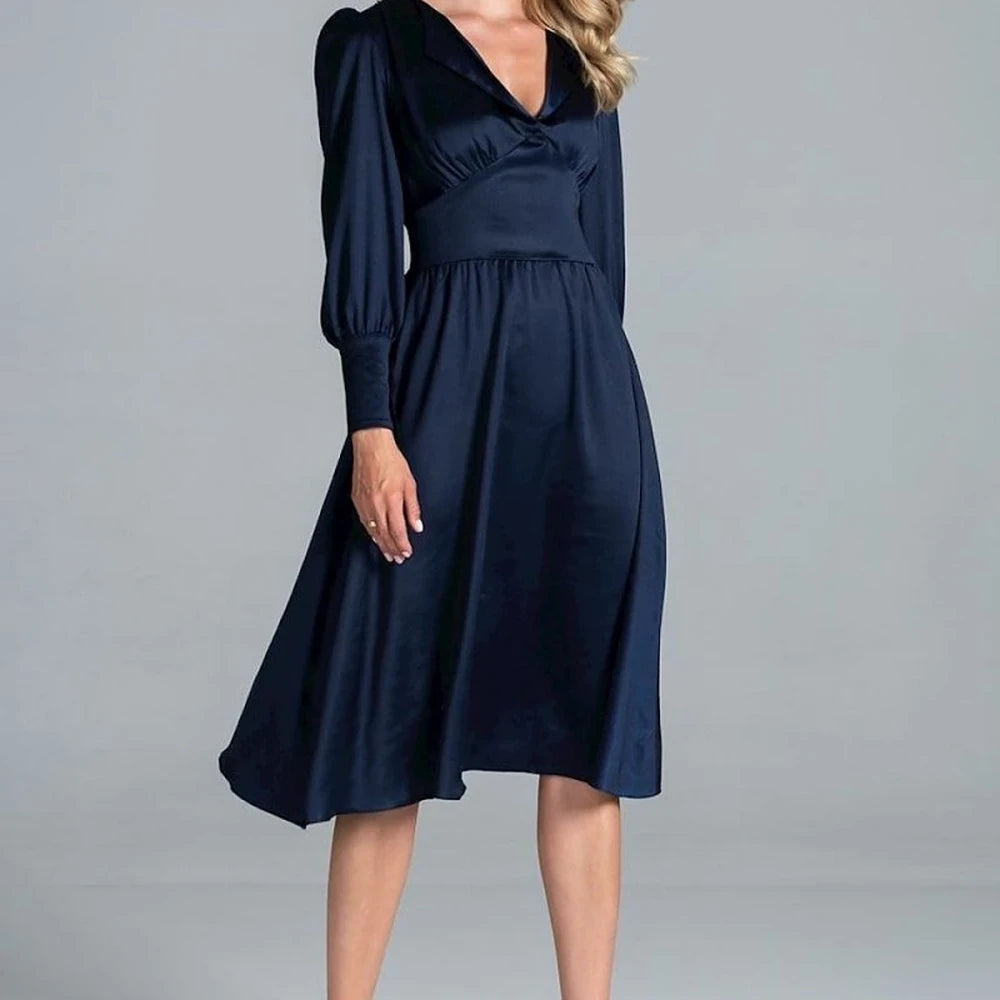 Midi Satin Dress with Lapel Neckline