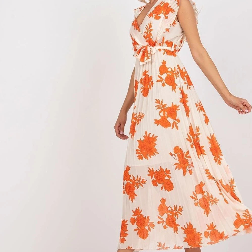 Orange Green Long Sleeve Frill Waist Tie Dress