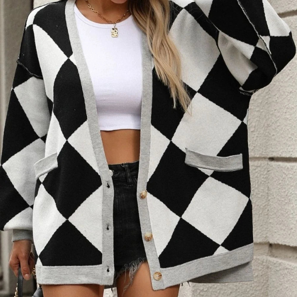Checkered Dropped Shoulder Cardigan