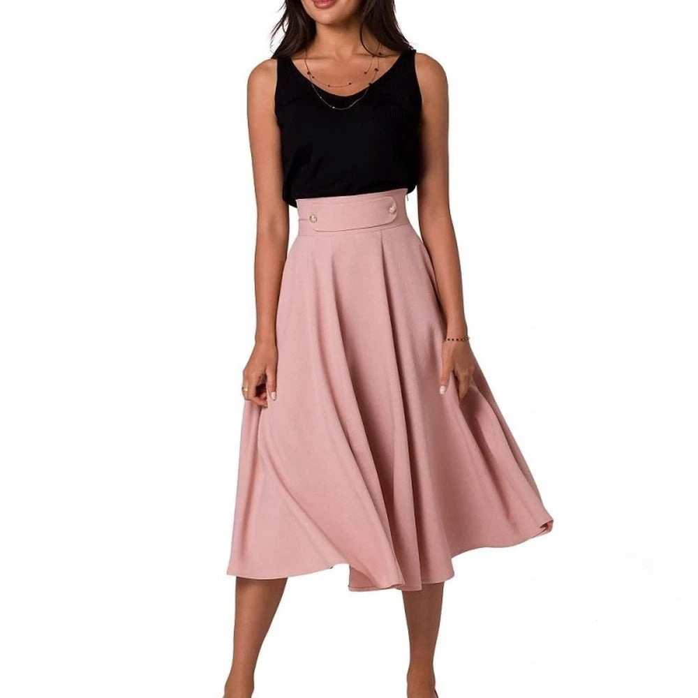 High Waist Flared Midi Skirt with Buttons