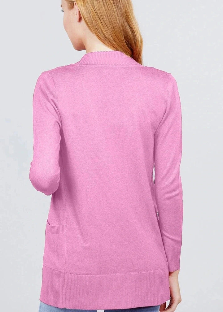 Active basic ribbed trim open front cardigan