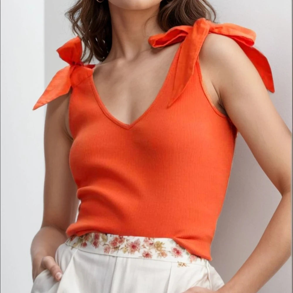 Tan V-Neck Tie Shoulder Tank