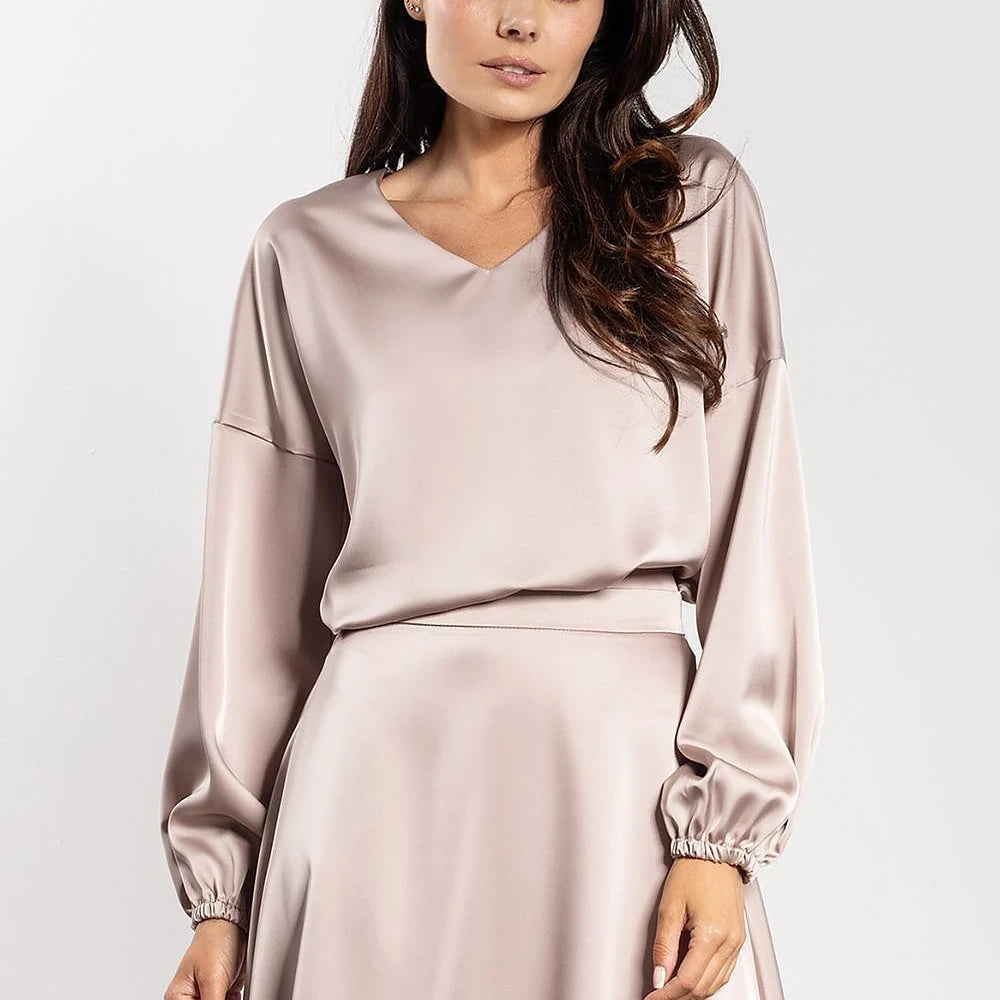 Satin V-Neck Blouse with Ruching