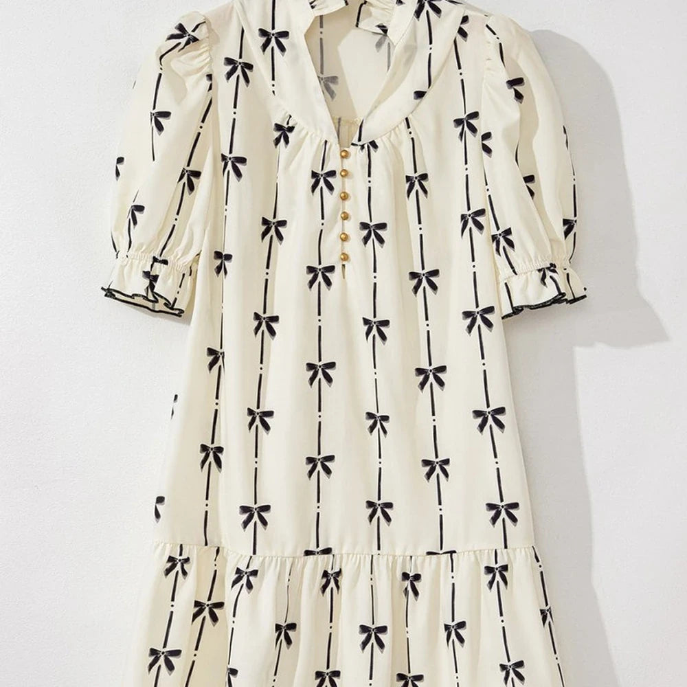 Frill Bow Print Mini Dress Short Sleeve