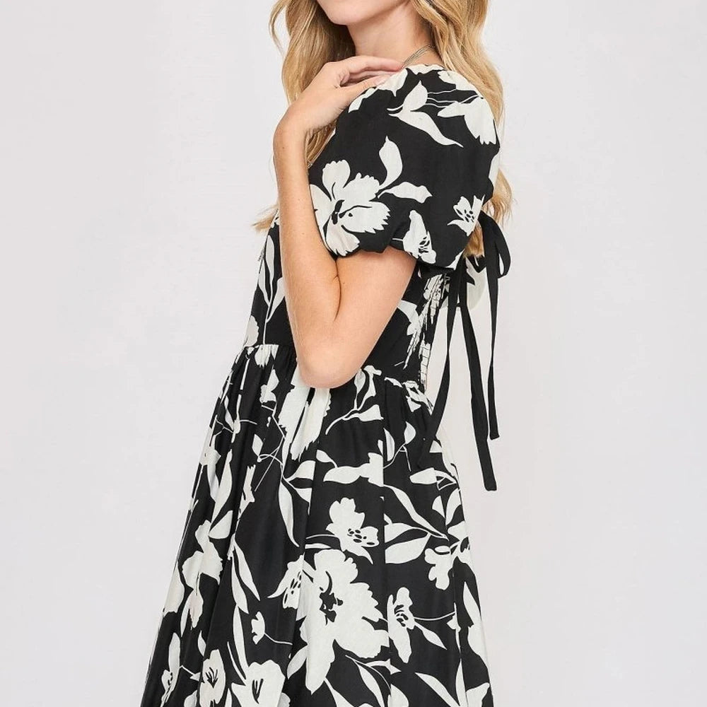 Floral Babydoll Dress with Tie Belt - Plus Size