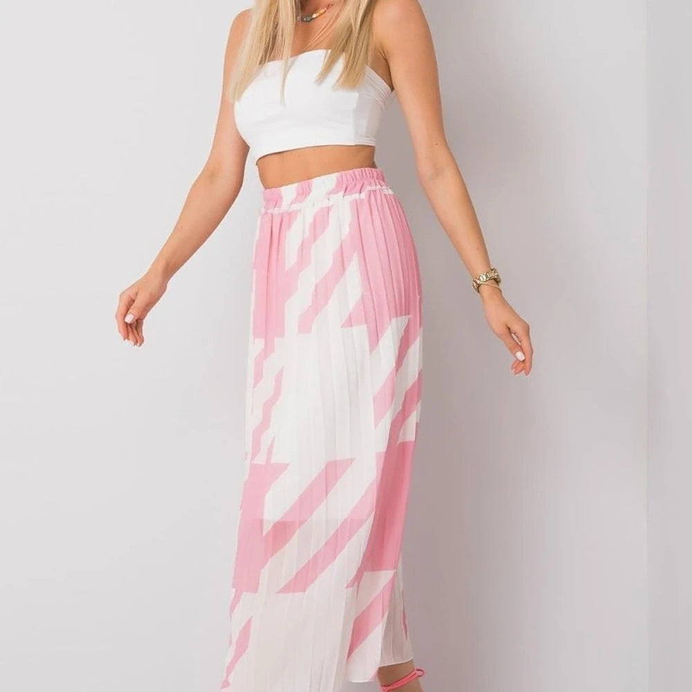 Patterned Pleated Midi Skirt with Elastic Waist