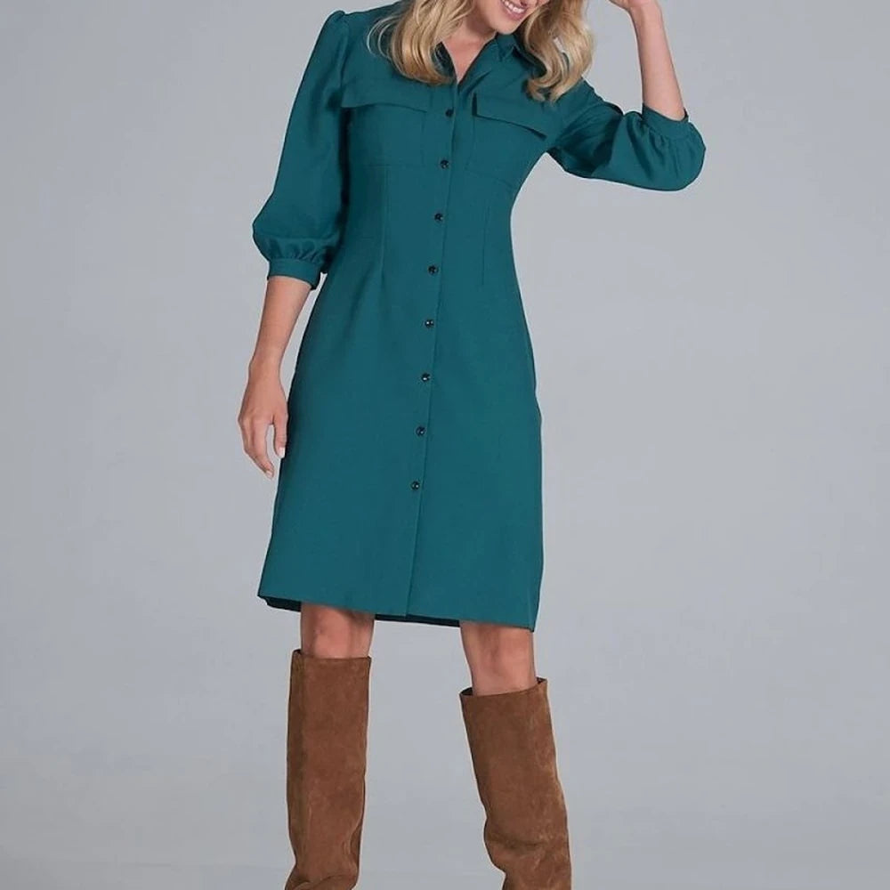 Midi Shirt Dress with Collar and 3/4 Sleeves