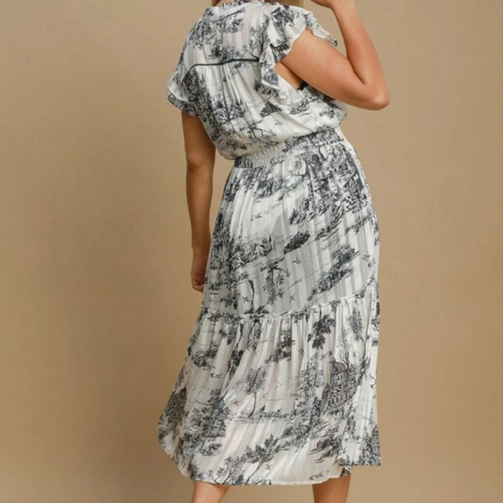 Two Tone Landscape Print Midi Dress