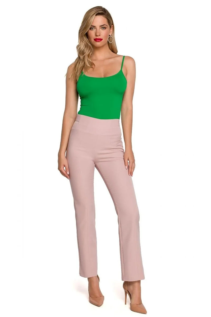 Light pink straight-leg trousers with a high waist, shown on a model.