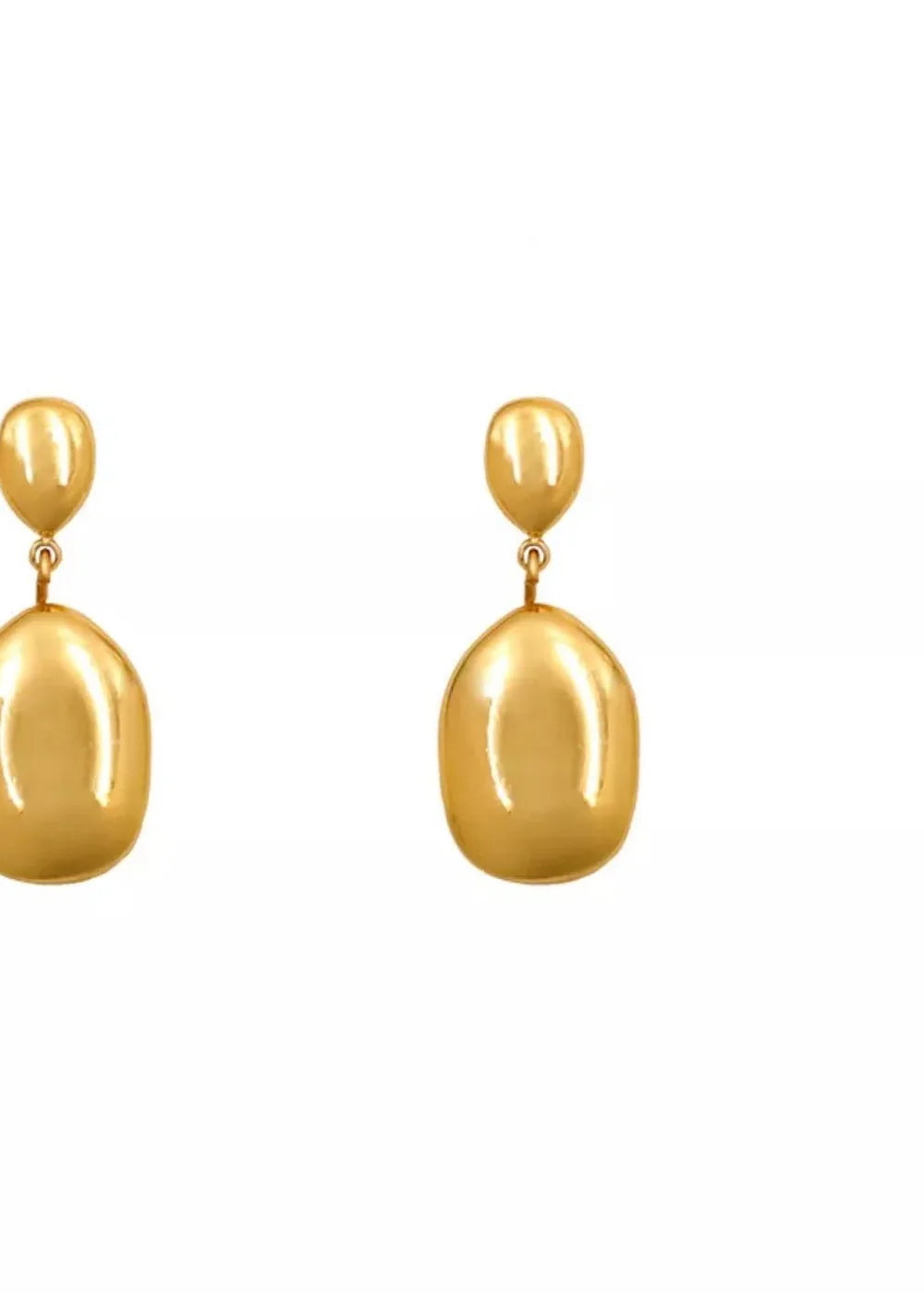Gold drop earrings with a smooth, polished finish, suspended from smaller oval studs.