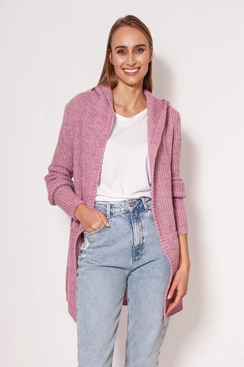 Pink knit hooded cardigan with a textured weave and rolled cuffs, worn by a model over a white t-shirt and light wash jeans.