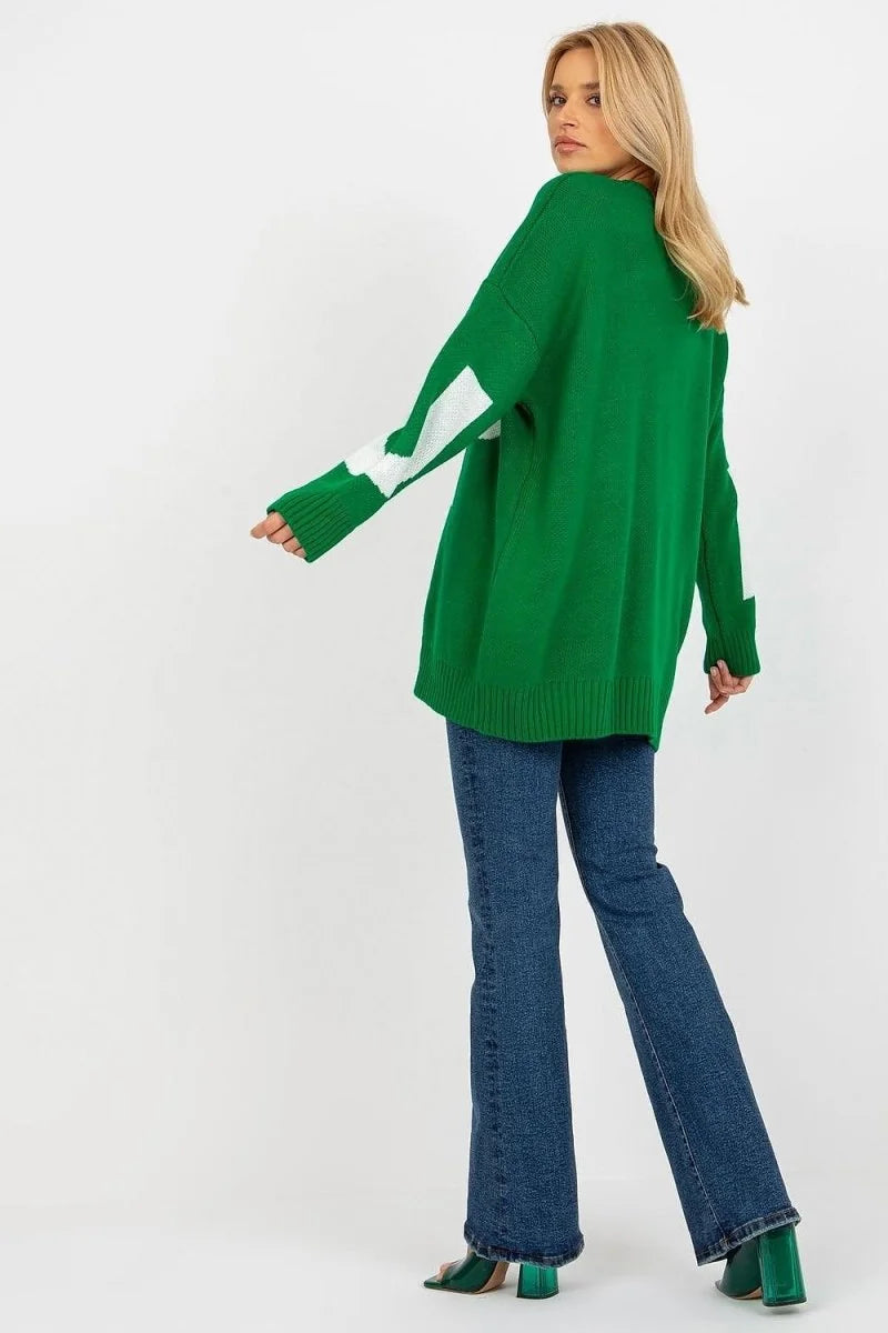 Green acrylic and wool blend sweater with white stripe detail on sleeves, worn by a model.