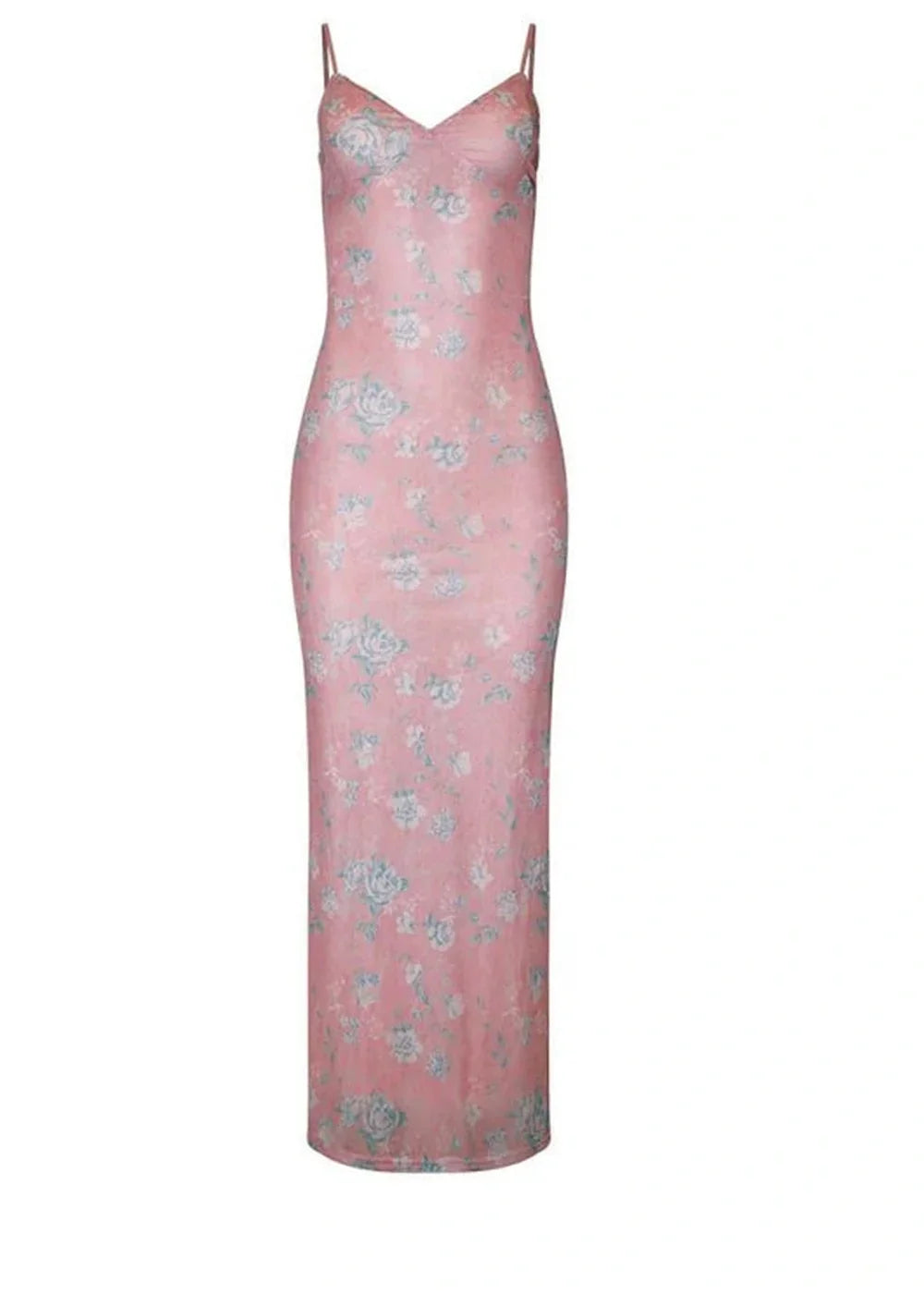 Pink slip dress with a delicate blue floral print, slim fit, v-neck, spaghetti straps.