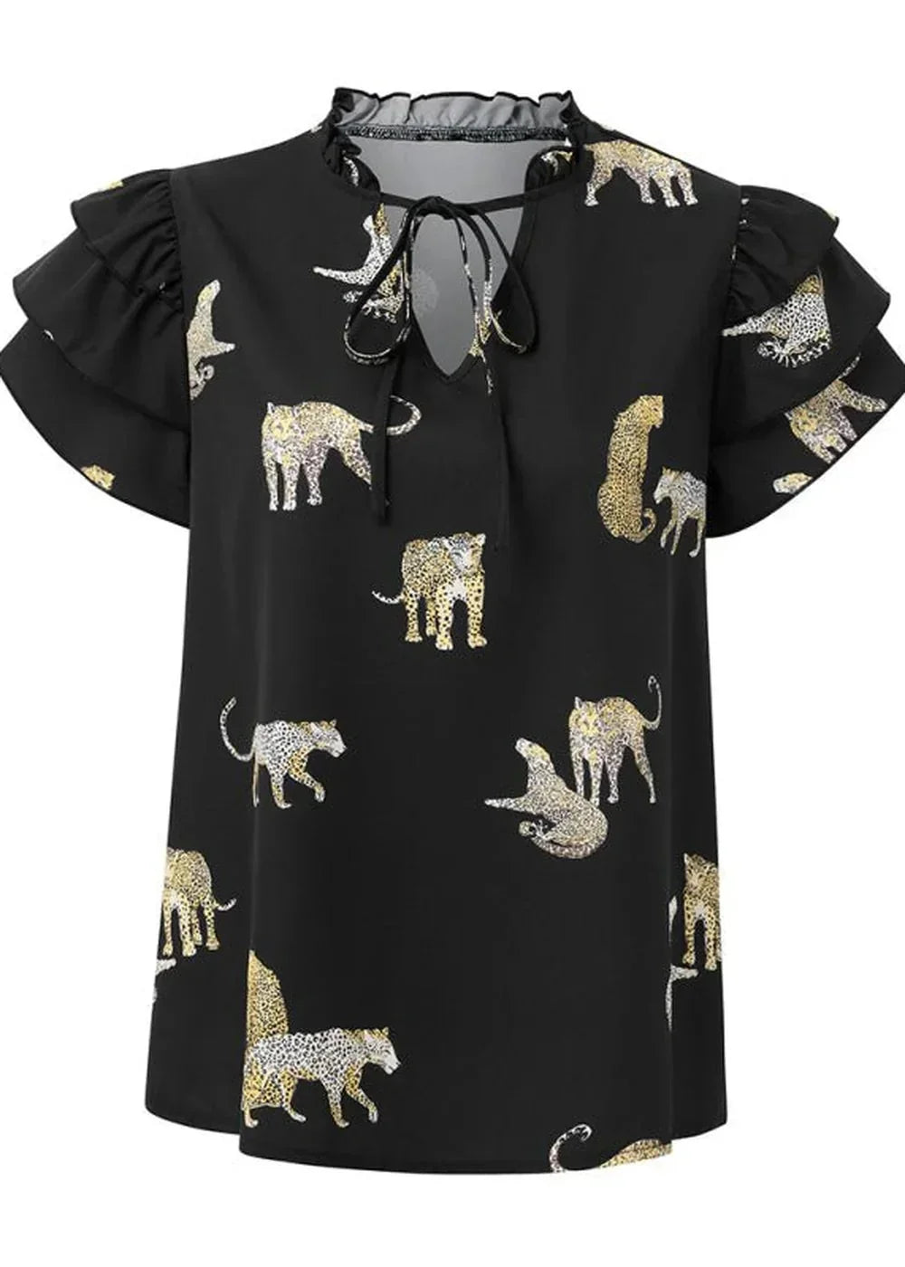 Black short-sleeve top with ruffled shoulders and a leopard print.