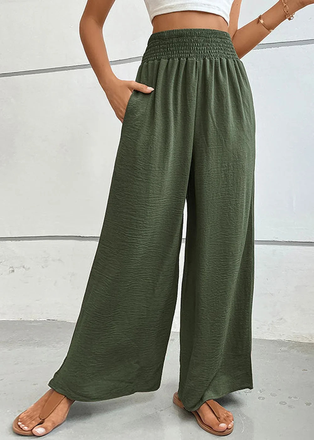 Green flared wide-leg pants