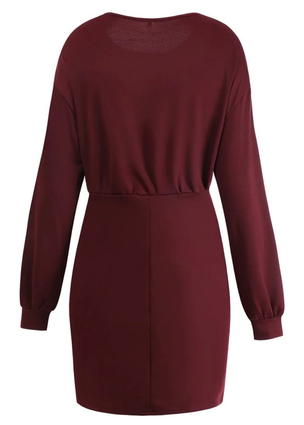 Burgundy long-sleeve dress with cinched waist and gathered sleeves, showing the back.