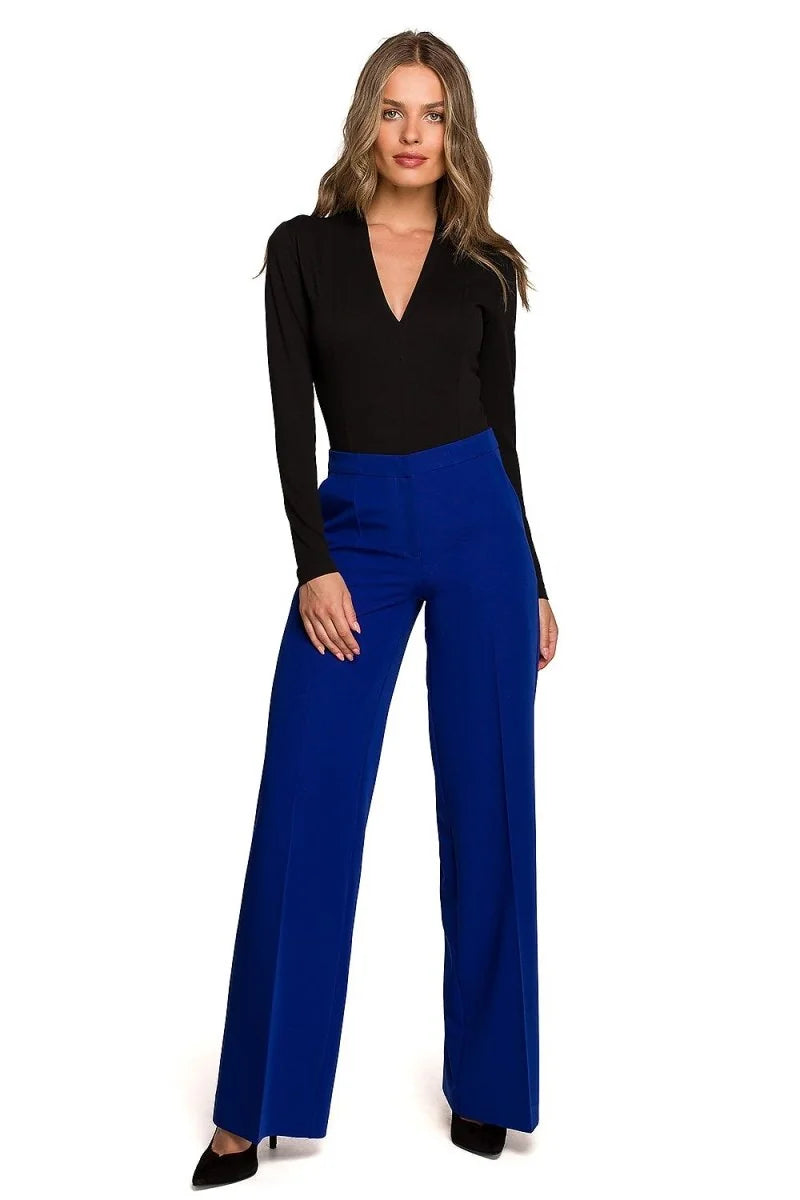 Electric blue wide-leg trousers with a regular fit, shown full length on a model.