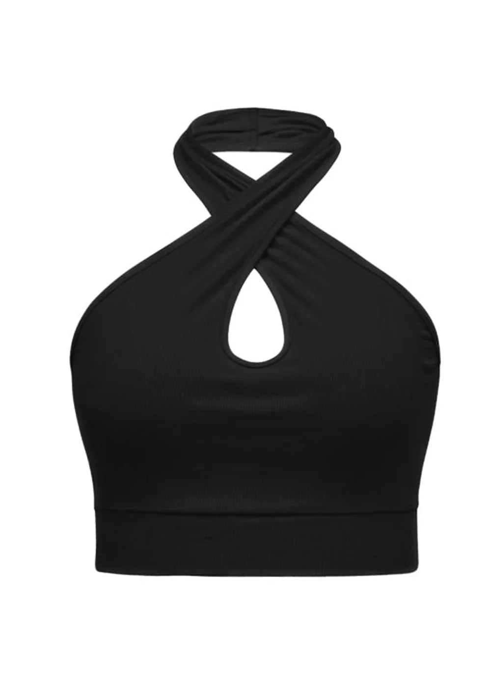 Black halter crop top with a twisted neckline and a keyhole cutout.