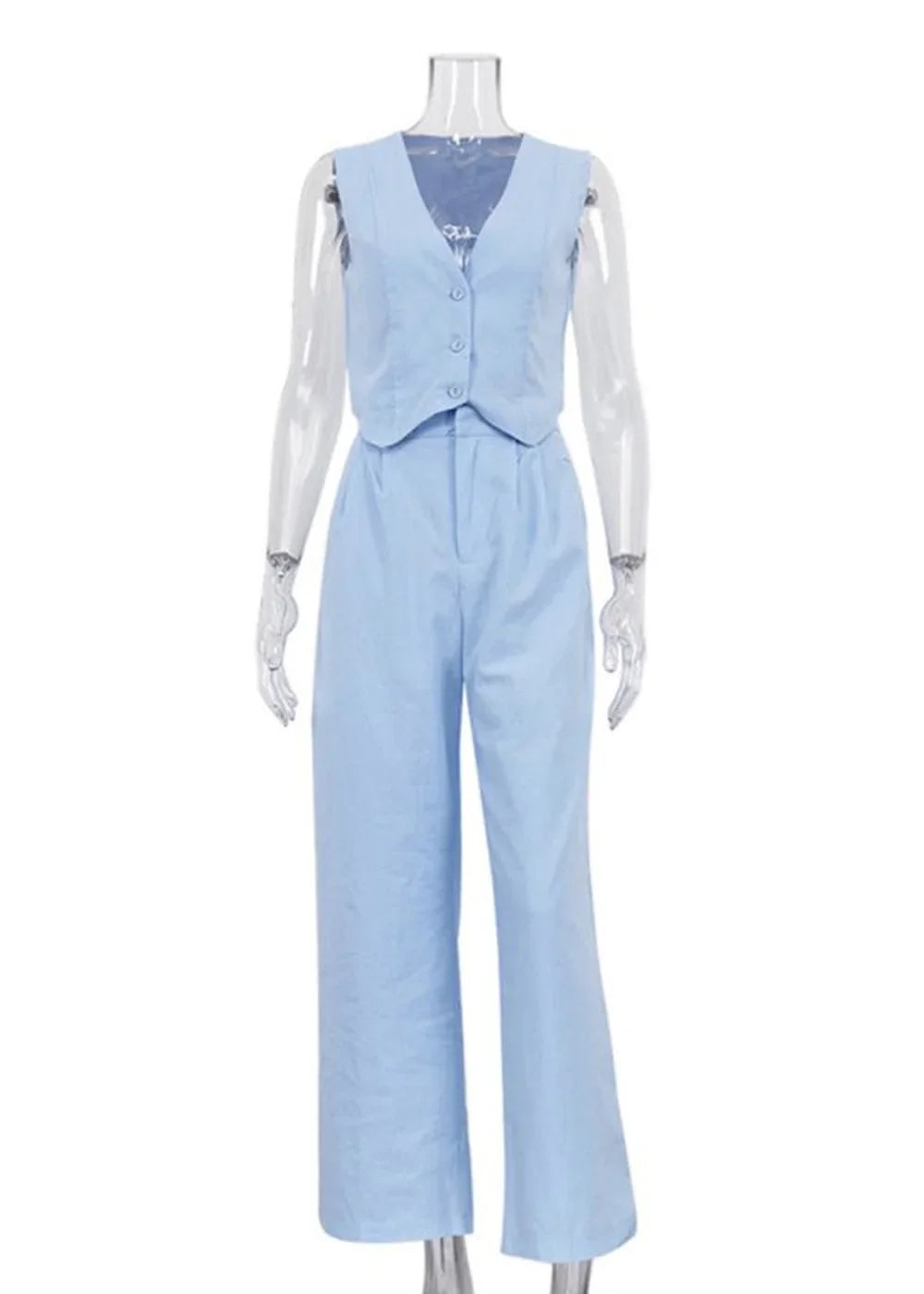 Light blue linen blend vest and wide-leg pants suit on a mannequin.