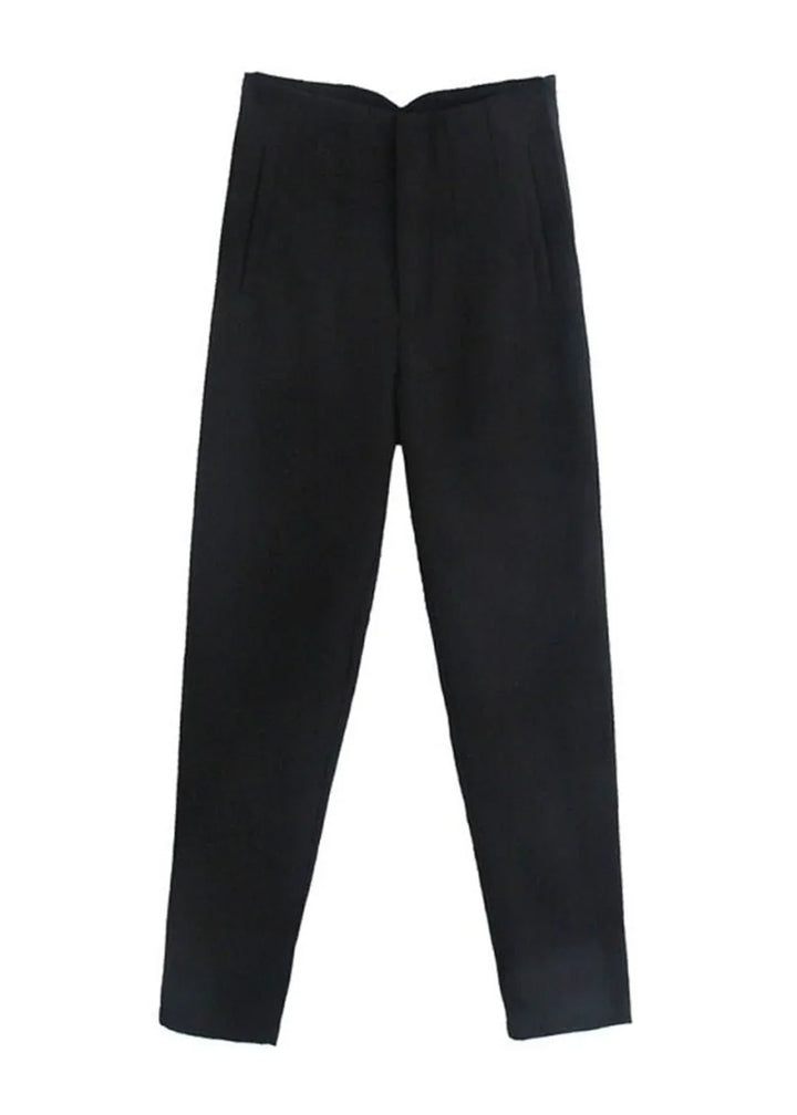 Black high-waisted trousers with a subtle texture, cropped length, and visible pocket detail.