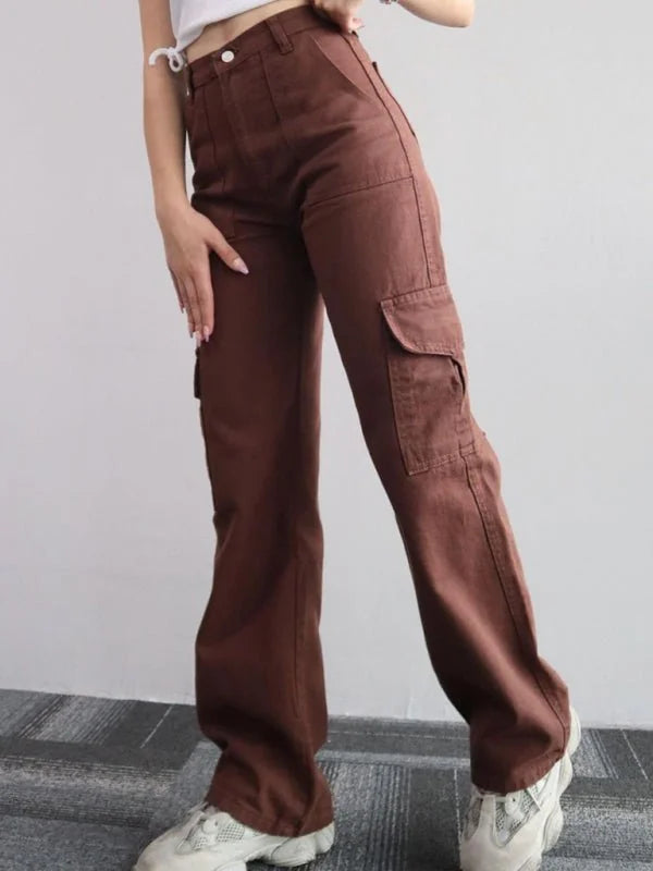 Relaxed fit brown cargo pants with a visible twill texture and utility pockets.