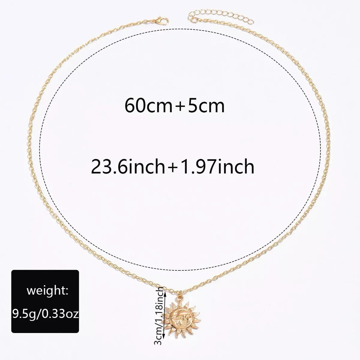 Gold-tone chain necklace with sun pendant, 23.6 inches plus a 1.97-inch extender.