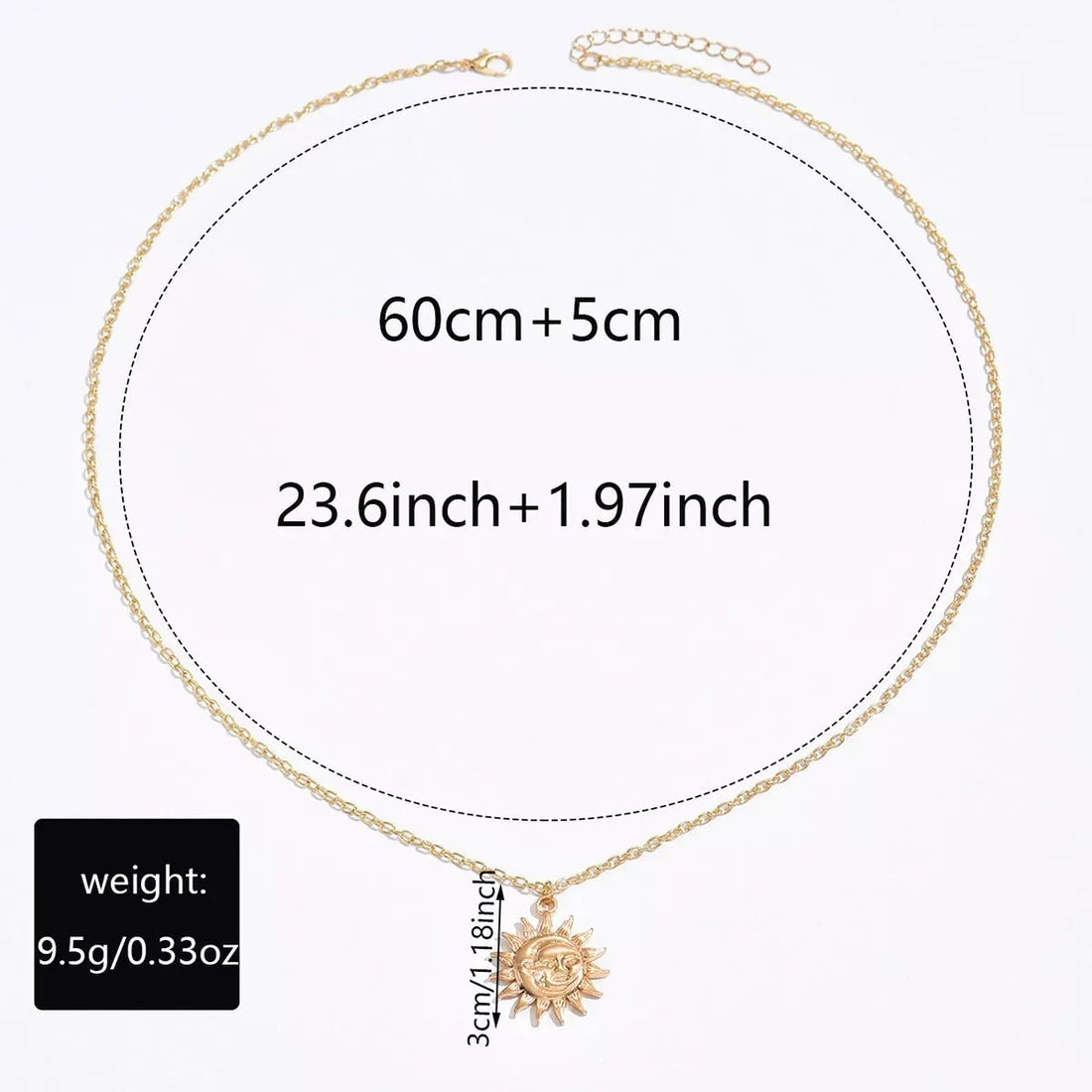 Gold-tone chain necklace with sun pendant, 23.6 inches plus a 1.97-inch extender.