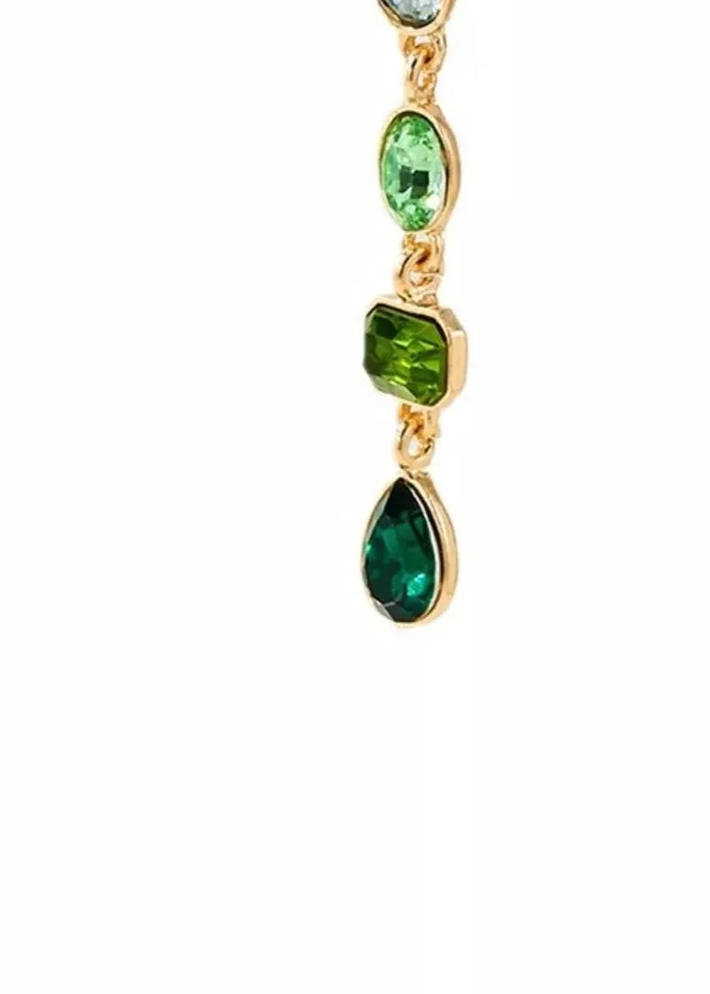 Gold-plated chain with oval, rectangular, and pear-shaped green acrylic gems.