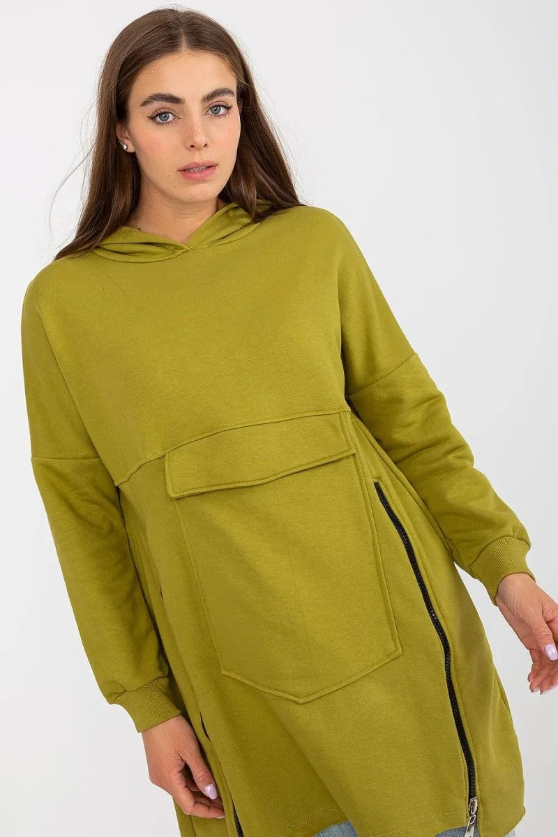 Olive green hooded tunic with a large front pocket and side zippers, on a model.