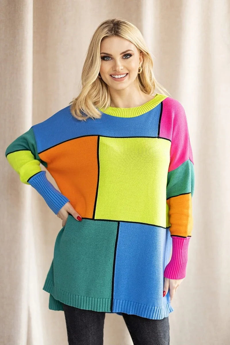 Loose-fitting acrylic and cotton sweater with a color-block pattern in bright blue, green, yellow, orange, and pink.