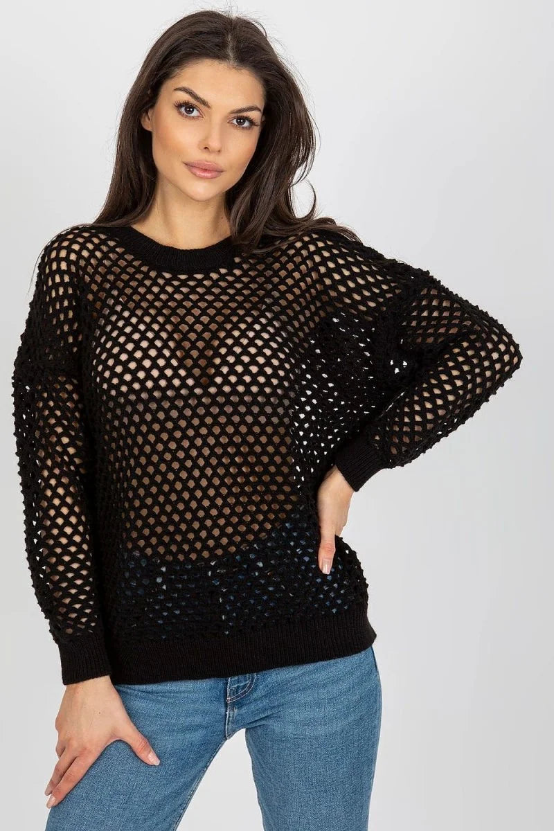 Black fishnet-style sweater on a model, featuring a crew neck and long sleeves, paired with blue jeans.