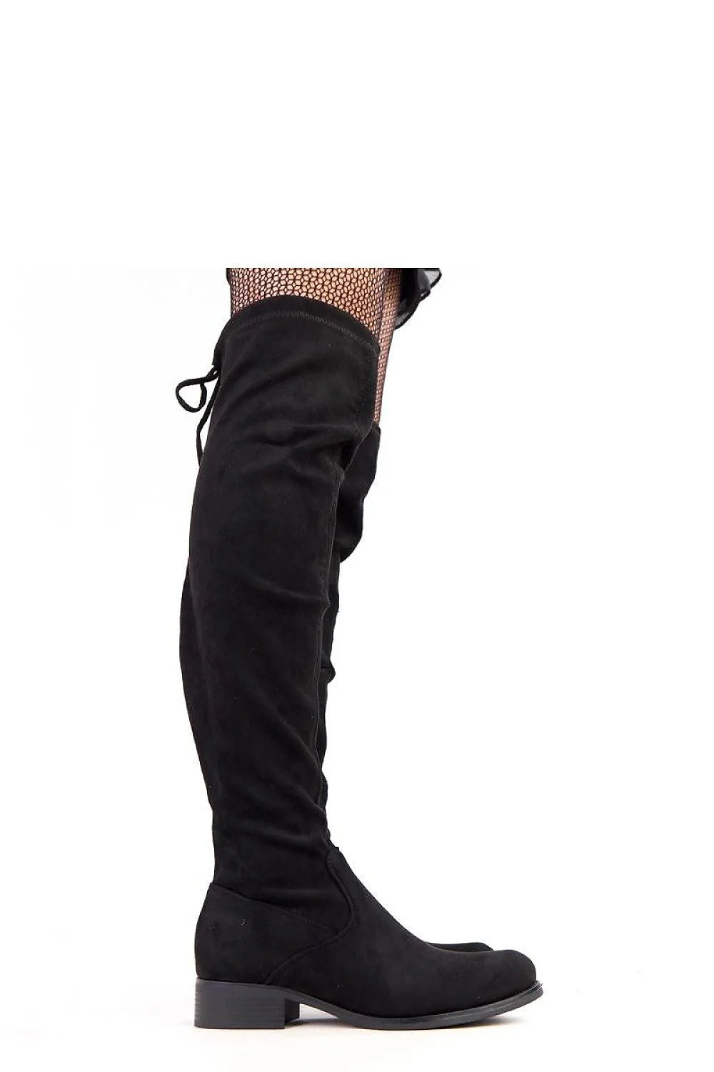 Black over-the-knee boots with lace-up detail and fishnet stocking detail.