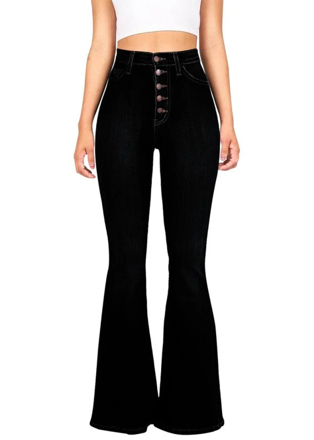 Black high-waisted flare jeans with button fly and flared leg opening.