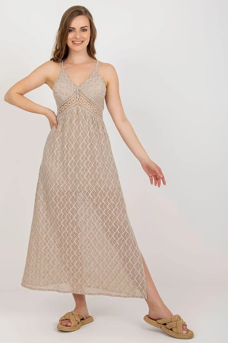Beige lace midi dress with V-neck and side slit, worn by a model.
