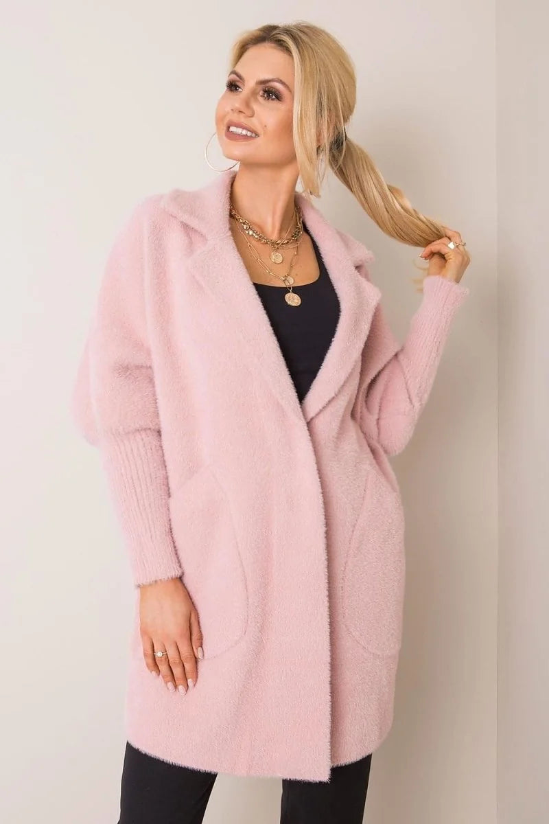 Fluffy pink angora blend cardigan with a relaxed fit, featuring a notched collar and two front pockets.