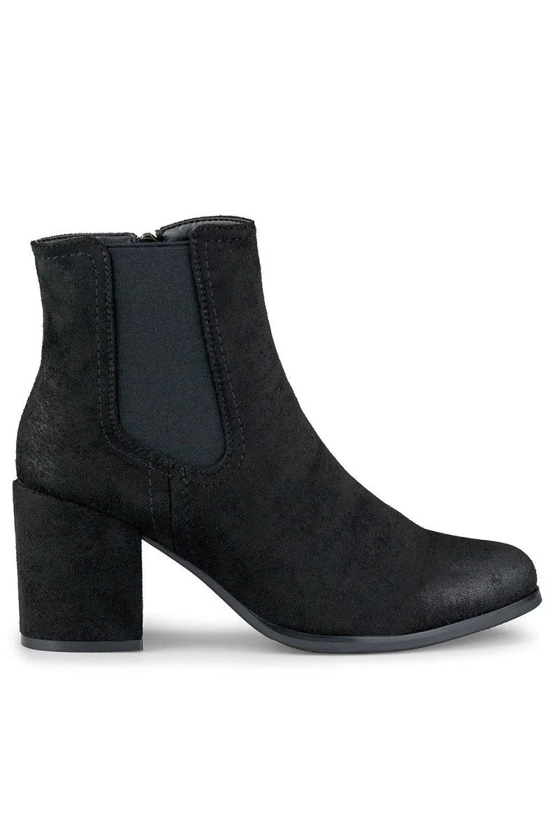 Black suede ankle boot with elastic side panels and a block heel.