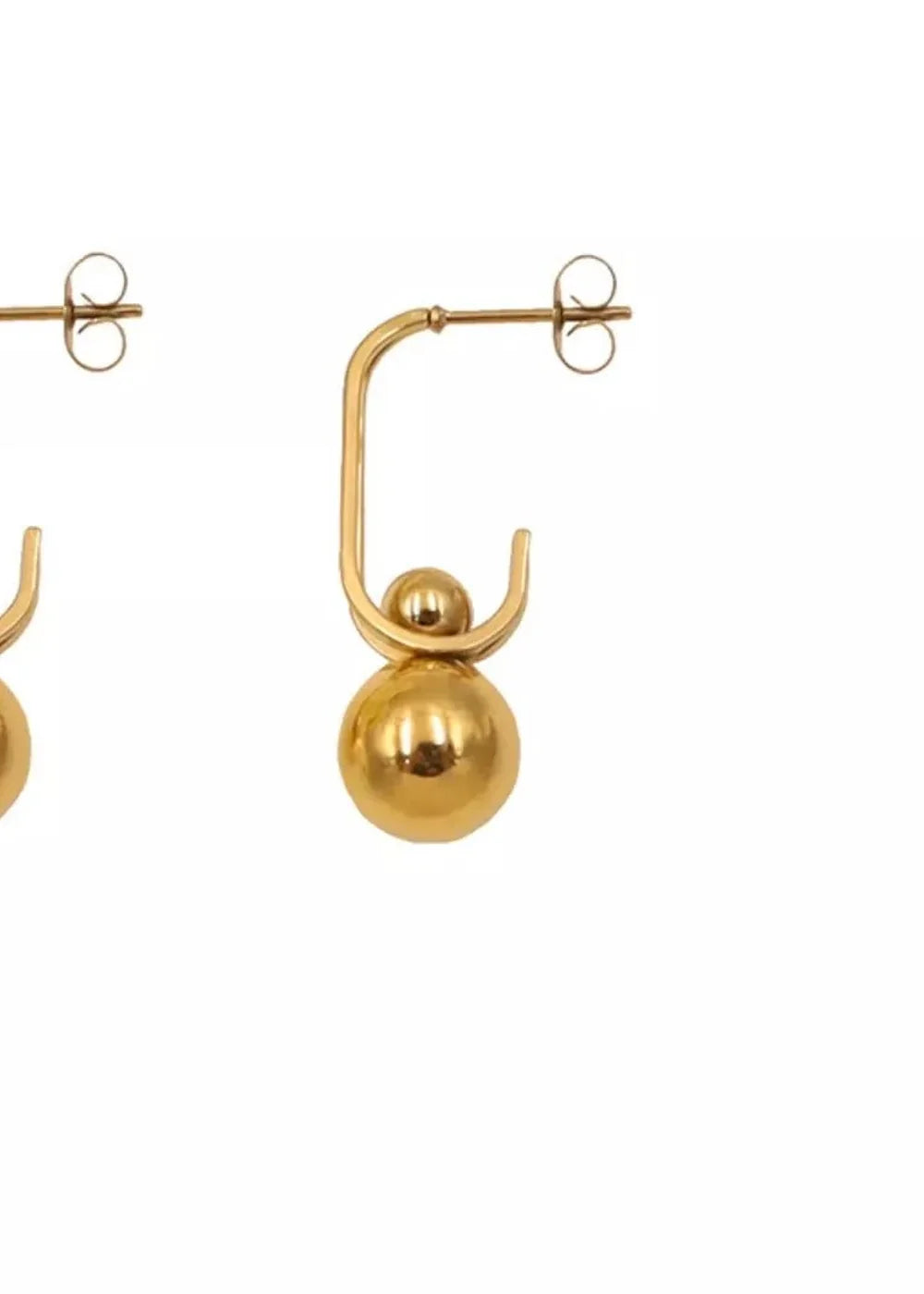 Gold-plated earrings with a geometric hook and a dangling spherical charm.