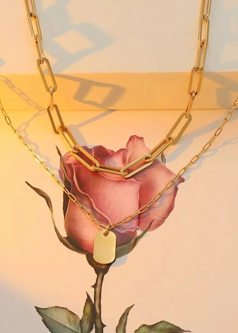Two gold-toned necklaces, one with large links and one delicate chain with a rectangular pendant, layered over a pink rose...