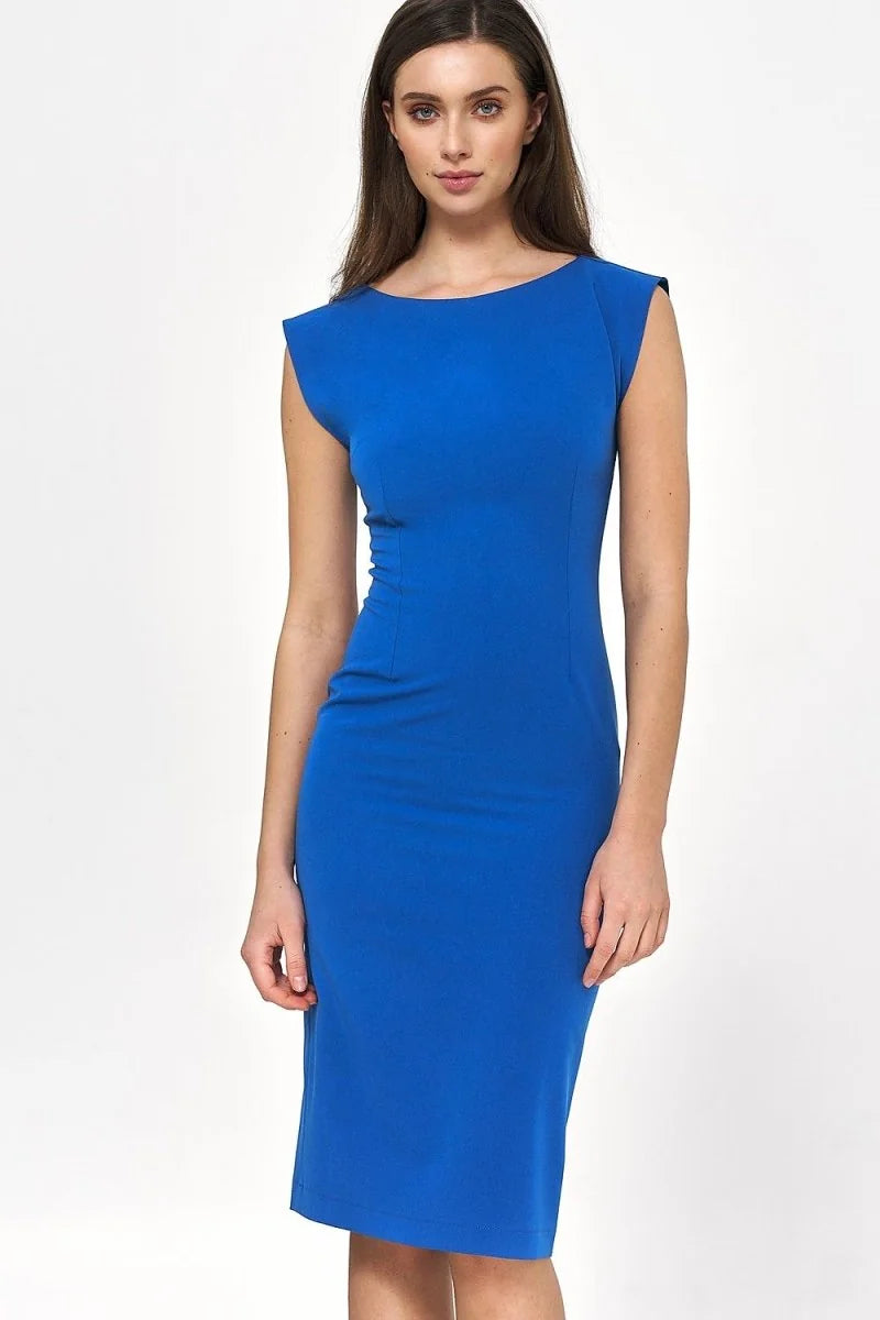 Fitted royal blue sheath dress with cap sleeves and a boat neckline, shown on a model against a white background.