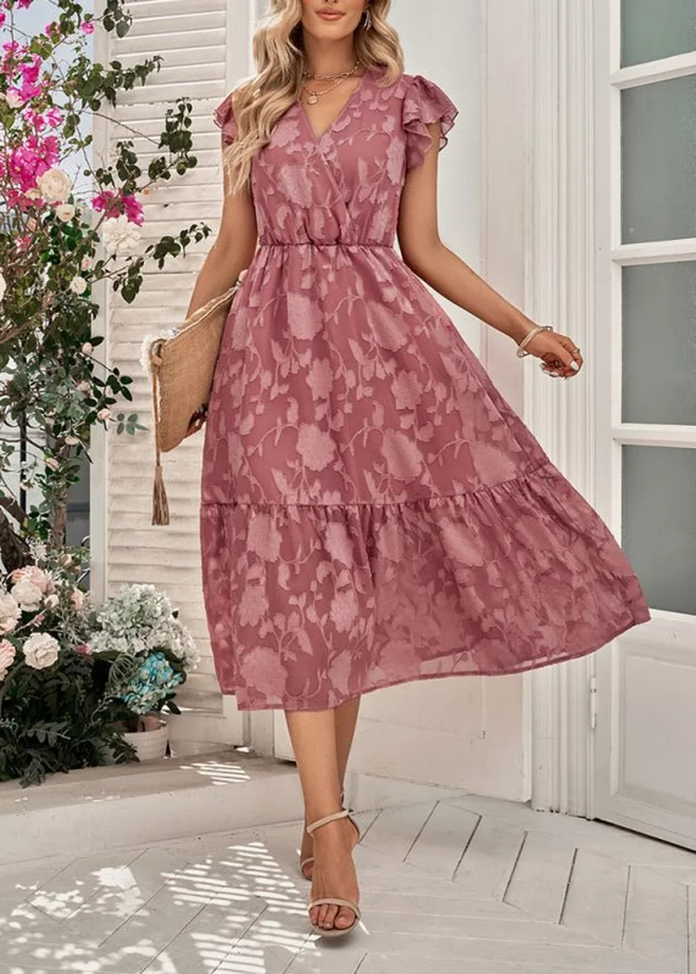Rose floral print midi dress with ruffled short sleeves and a tiered hem.
