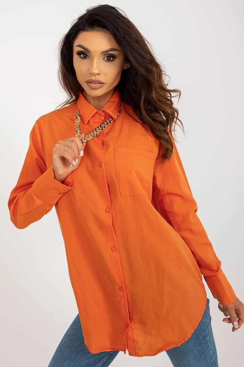 Orange cotton-blend collared shirt with a loose fit, featuring a gold chain necklace and one chest pocket.