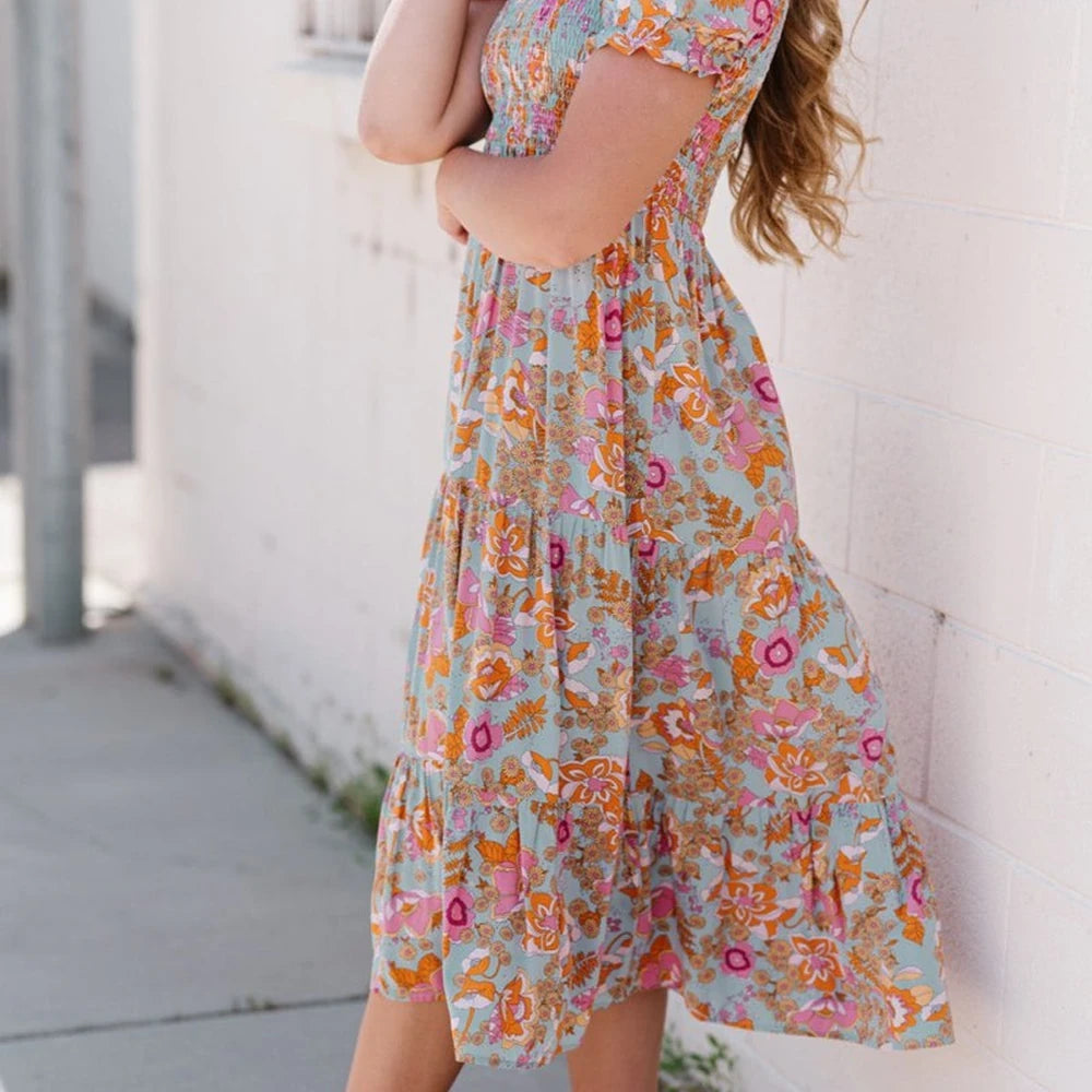 Floral Flounce Sleeve Midi Dress