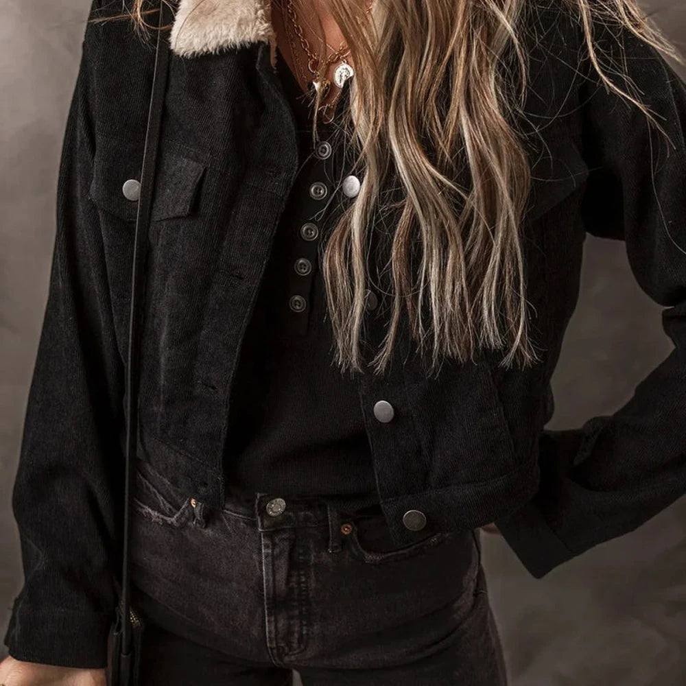 Fuzzy Collared Button Down Jacket