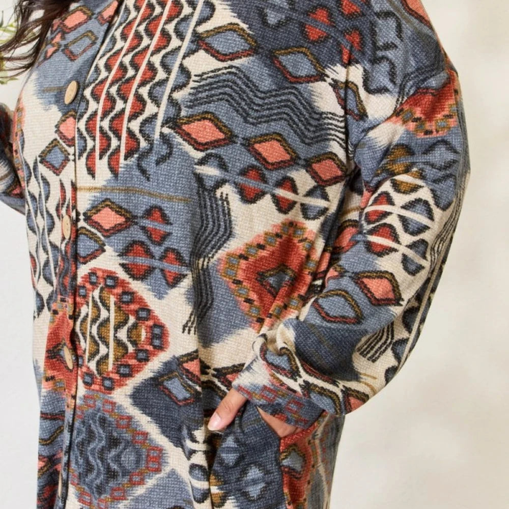 Printed Button Up Hooded Jacket