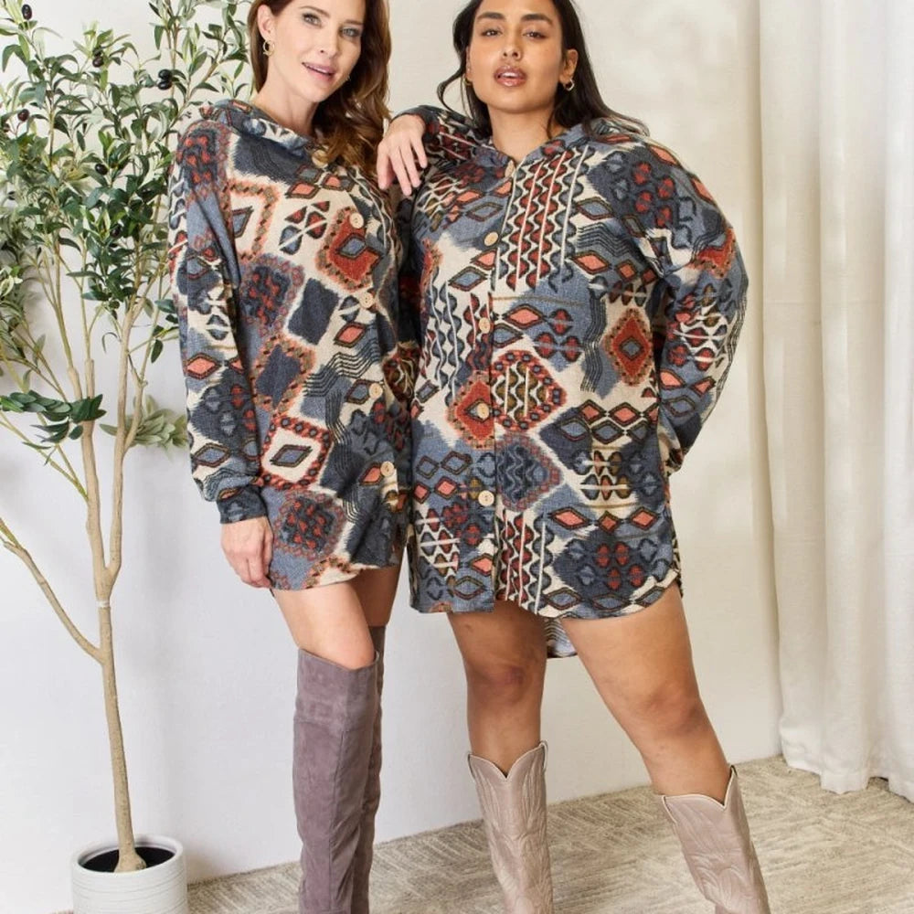 Printed Button Up Hooded Jacket